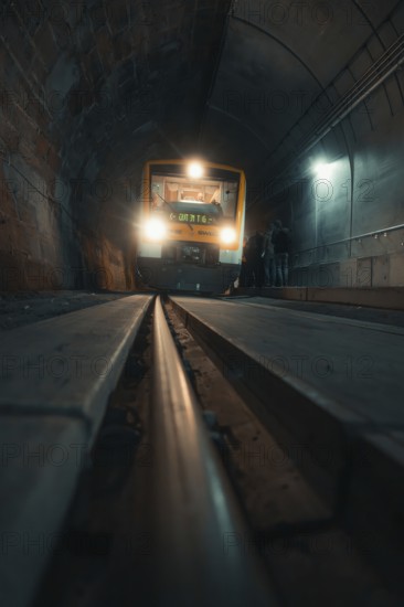 A train goes through an illuminated tunnel, taking the Hermann Hesse Railway, Calw, Black Forest,