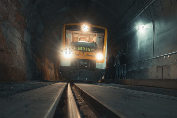 A train with glowing headlights in the tunnel, people standing on the sidelines, acceptance of the