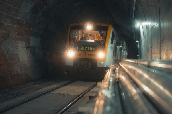 A modern train passes through an illuminated tunnel at night, taking the Hermann Hesse Railway,