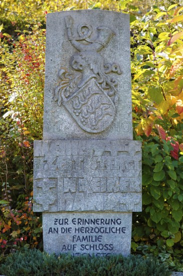 Memorial, memorial stone in memory of the ducal family at Lichtenstein Castle, coat of arms, stone