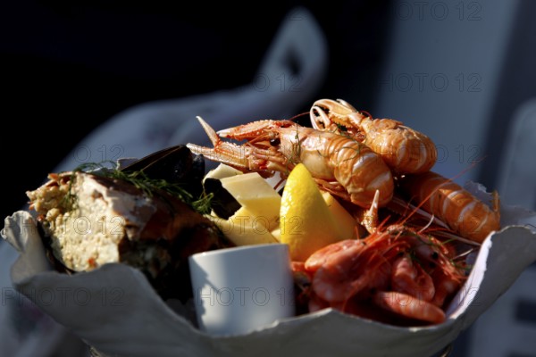 Appetizing seafood dish with crustaceans presented in the restaurant, Smögen, Västra Götaland,