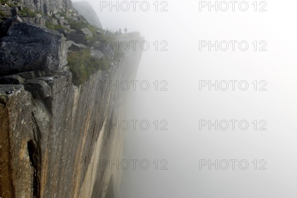 A rocky edge covered in fog rises majestically on the way to Preikestolen, Preikestolen, Rogaland,