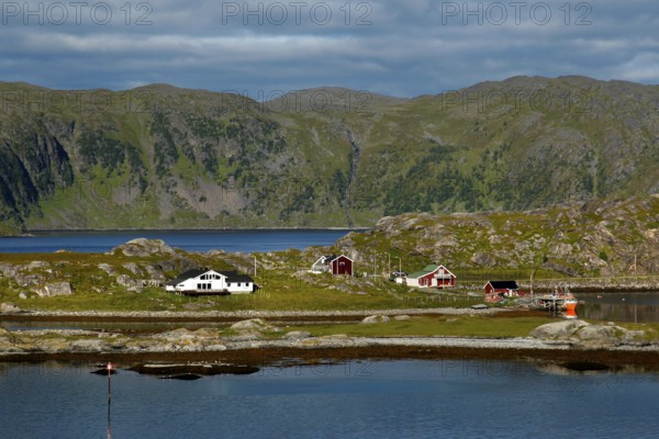 Rolling hills and landscape of houses near Hammerfest, Hammerfest, Finnmark, Norway