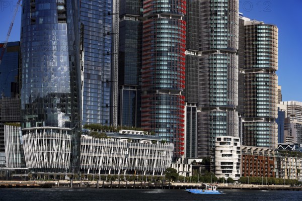 Modern skyline of Barangaroo with distinctive waterfront buildings, Sydney, New South Wales,