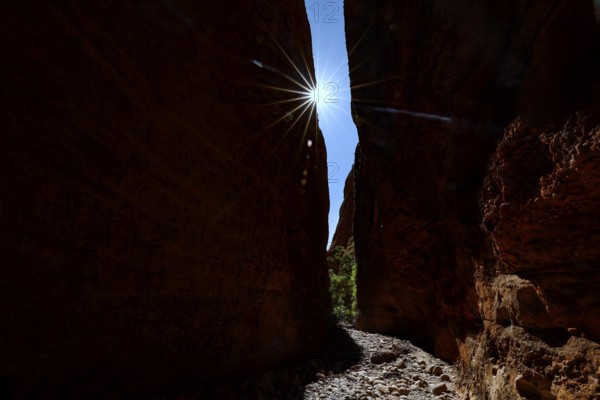 Light sweeps through the narrow Echidna Chasm and illuminates the rough rock walls, Purnululu,