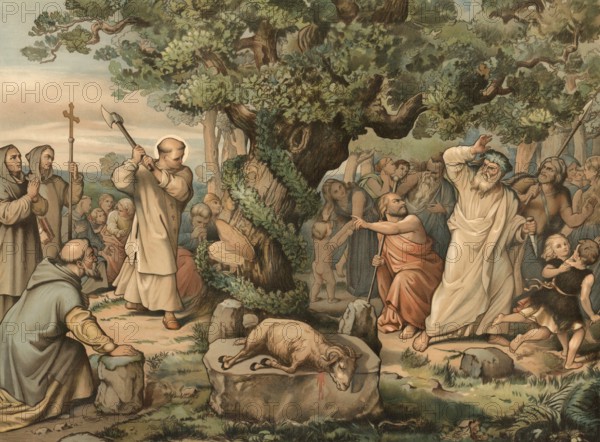 The felling of the Donar oak, also thunder oak or thor oak, near Geismar, by the missionary