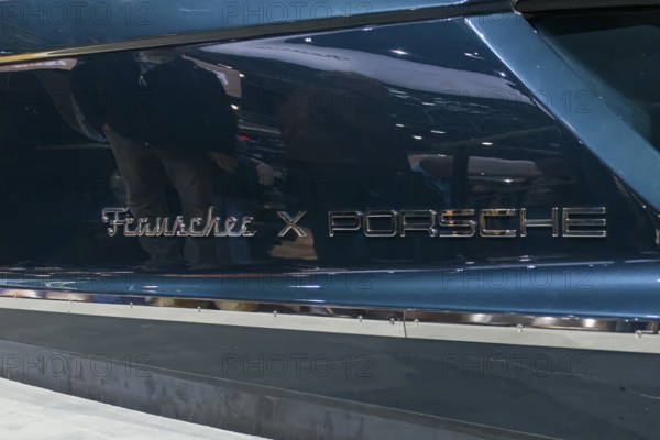 Frauscher x PORSCHE logo on luxurious 790 Spectre sports boat at Messe Boot, Düsseldorf, North