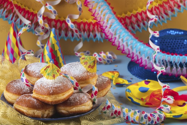 A plate of donuts surrounded by colorful party hats, streamers and garlands, carnival