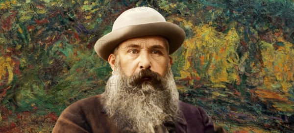 Portrait of Claude Monet, 1840 – 1926, French painter and founder of Impressionism, with his
