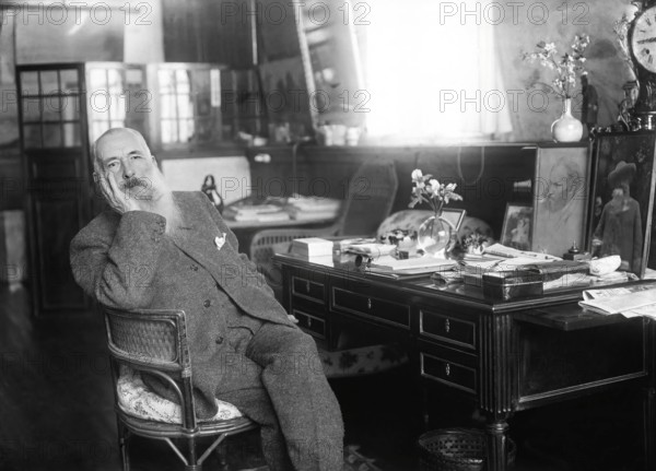 Claude Monet in his office at Giverny, French painter and founder of Impressionism, digitally