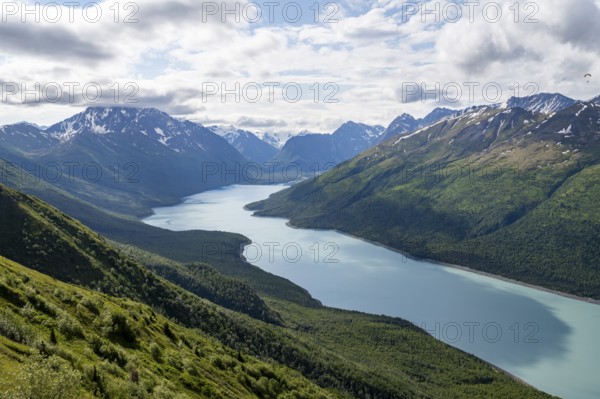 View of blue lake and mountains on Twin Peaks Trail, Eklutna Lake, Chugach Mountains, Chugach State