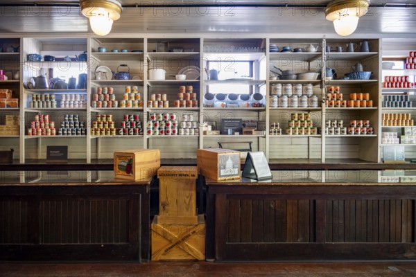 Interior view, historic restored Kennicott shopping store with historic goods display, retro food