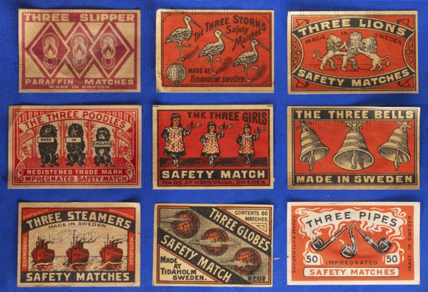 Matchboxes with old label design and different motifs, Tändsticksmuseet matchstick museum or match