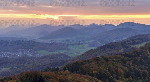 View of an autumnal forest from the Gisliflue, behind the Jurassic foothills in the light of the
