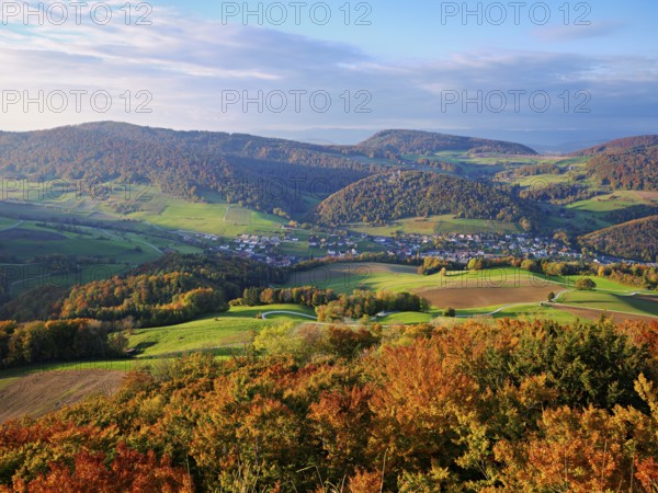 View from the Gisliflue of an autumnal forest with the Jura foothills behind, Talheim, Canton,
