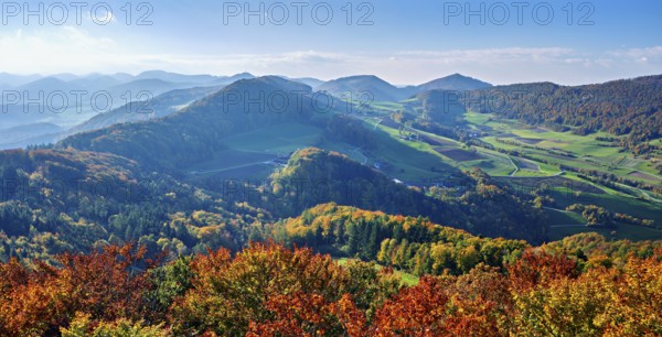 View of an autumnal forest from the Gisliflue, behind the Jura foothills with Wasserfluh and