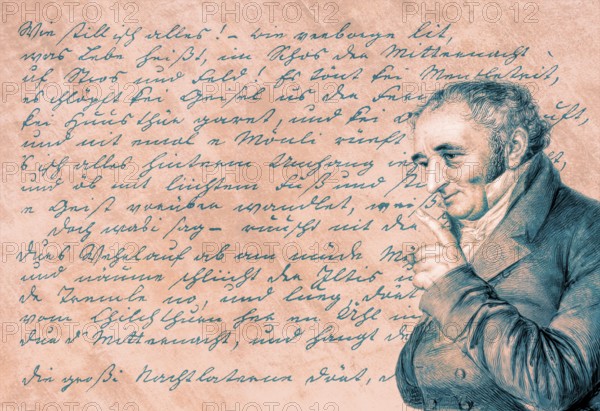 Handwritten manuscript and portait of Johann Peter Hebel, 1760 - 1826, German poet, Protestant