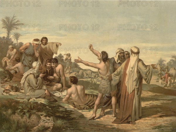 Scene from the biblical story, Joseph is sold as a slave to Egypt by his jealous brothers after