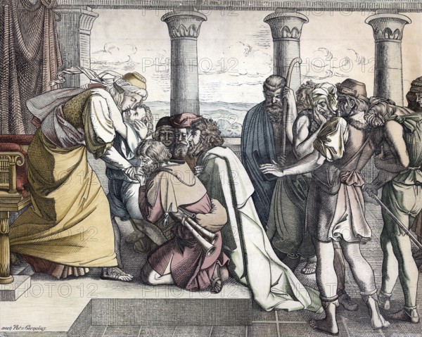 Scene from the biblical story, Joseph reveals himself to his brothers, authentic reproduction of a