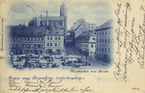 Annaberg in Saxony, town in the Ore Mountains, Erzgebirgskreis, Saxony, postcard, view around 1900