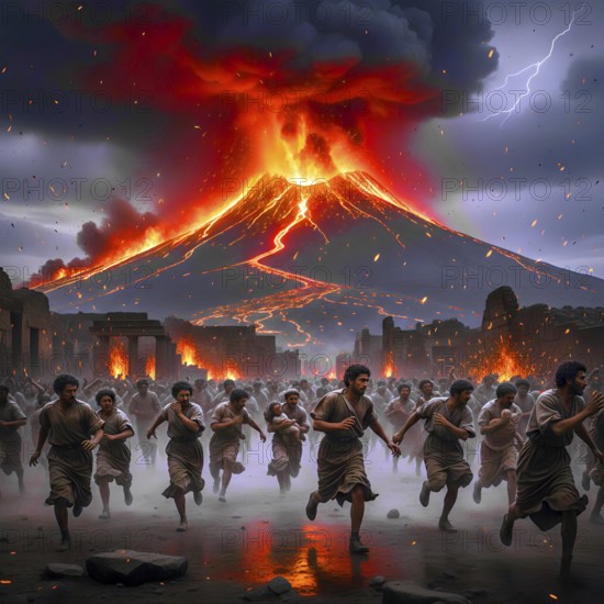 People are running for their lives, the fall of the Roman city of Pompeii in 79 AD due to an