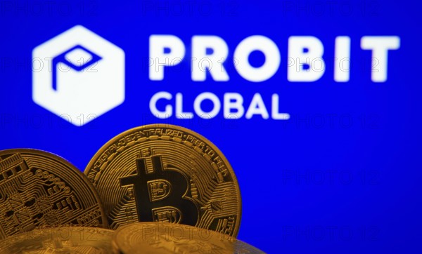 Dhaka, Bangladesh- 27 Mar 2025: Close-up of Bitcoin coins with the ProBit Global logo visible on a