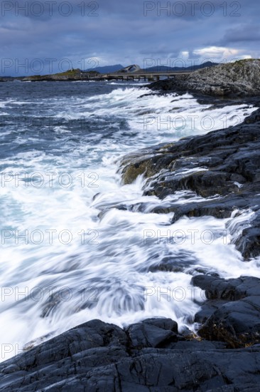 Raging water at Storseisund Bridge, Atlantic Road, Atlanterhavsveien, Karvag, Vevang, West Coast,