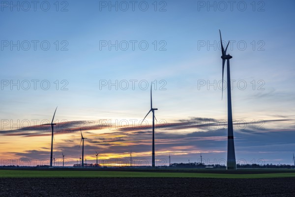 Sunset at Issum wind farm, Lower Rhine, North Rhine-Westphalia, Germany