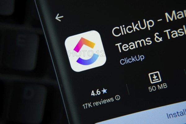 Dhaka, Bangladesh- 27 July 2025: ClickUp app from Google Playstore is displayed on a smartphone