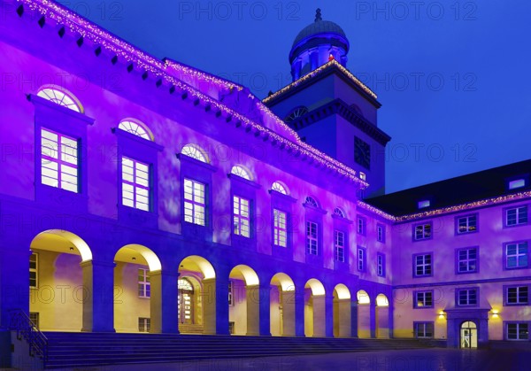 The town hall illuminated for the Christmas market in Witten, Ruhr area, North Rhine-Westphalia,