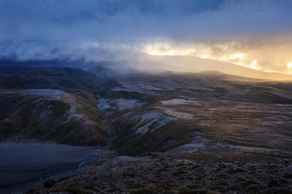 Volcanic landscape, Tama Lake Walk (Tama Lakes Track), evening light, sunset. Tongariro National