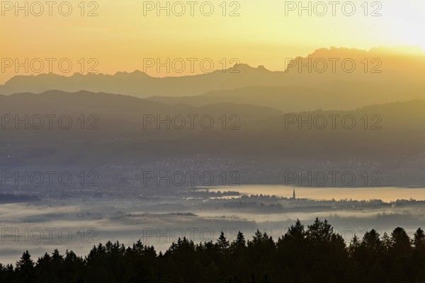 View from Horben of Lake Zug with the city of Cham and Zug covered in fog, behind it the