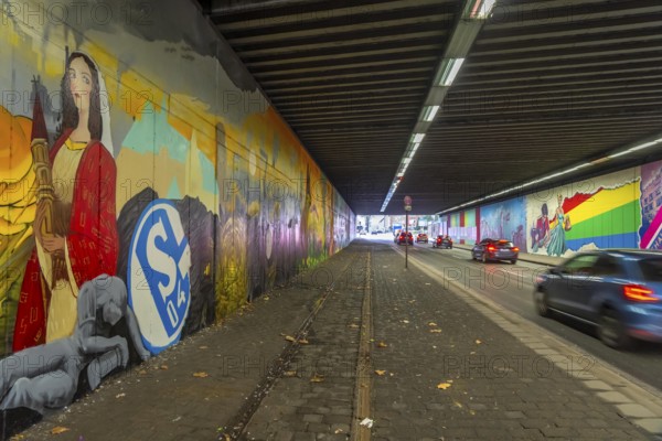 Huge street art pictures in a road tunnel in Gelsenkirchen, the approximately 120 meter long