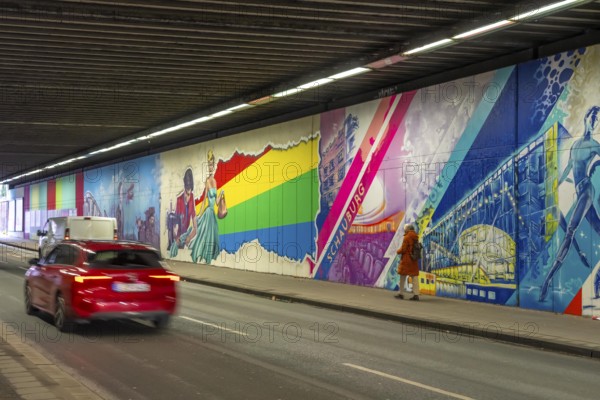 Huge street art pictures in a road tunnel in Gelsenkirchen, the approximately 120 meter long