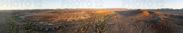 Aerial view, evening mood, hills and dry landscape near Palmwag, Kunene region, Namibia