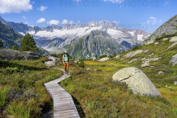 Mountaineers on wooden plank trail through mountain moor, in front of picturesque mountain scenery,