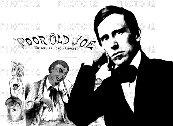 Portrait of Stephen Collins Foster with the cover of his minstrel song Poor old Joe, digitally