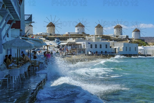 Mykonos, Cyclades, Greece - The six sixteenth-century windmills, lined up on a hill above Mykonos