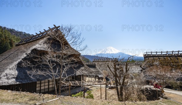 Iyashinosato open-air museum, old Japanese village with traditional houses, at the back volcano Mt.