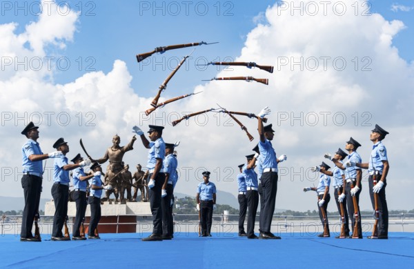 Indian Air Force personnel performs a bayonet drill demonstration on the bank of Brahmaputra river,
