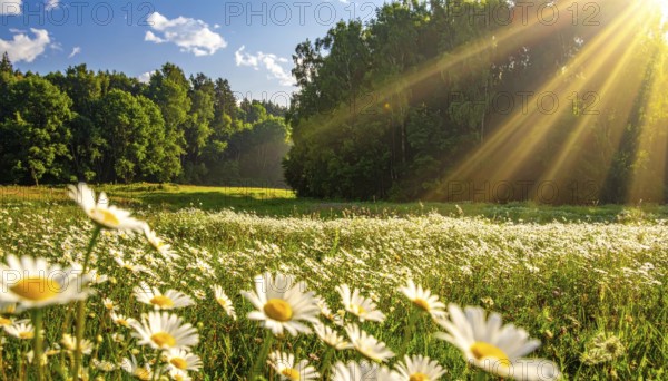 A sunlit meadow with daisies against a forest backdrop under a blue sky, Late summer country