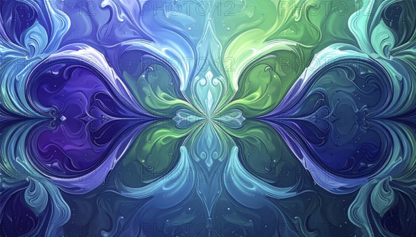 Symmetric Abstract Bright Liquid Ornament Background, futuristic wallpaper template illustration,