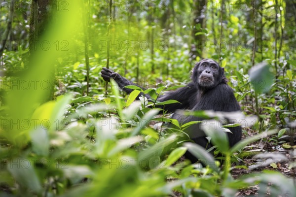Chimpanzee (Pan Troglodytes) among green leaves, adult male among leaves in the jungle, Kibale