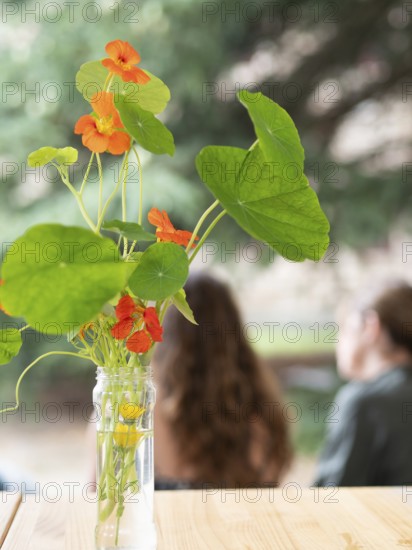 Orange nasturtium flowers arranged in a glass jar during an ikebana workshop, bringing nature's