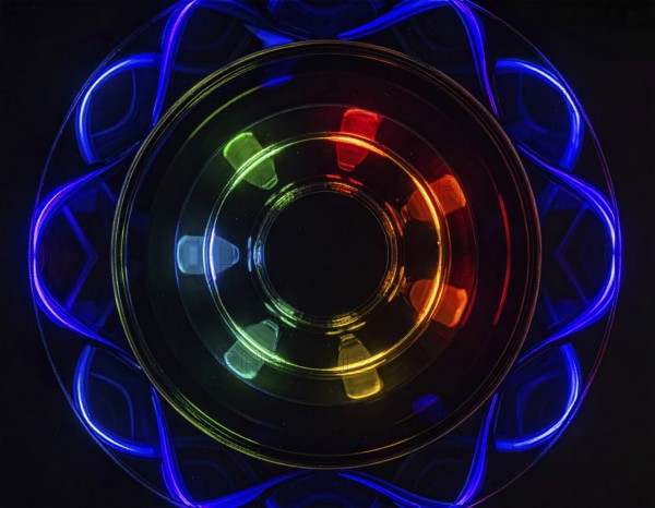 Abstract background of slightly unfocused multicolored glass lenses spinning and rotating,