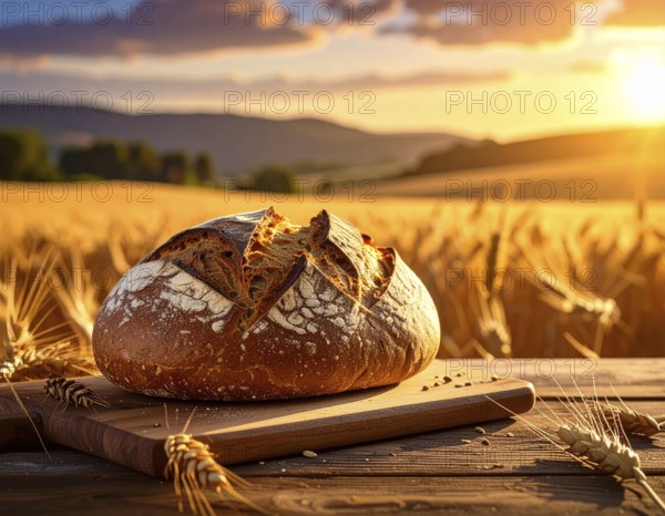 Rustic loaf of whole grain bread, fresh baked, close up of bread on dark wooden table, golden rust,