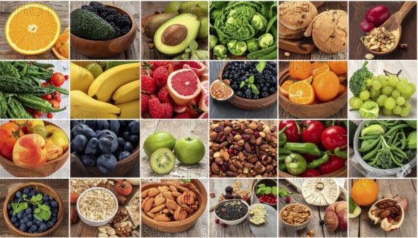 Food collage of various biological and organic fruits and vegetables, fresh healthy lifestyle, with