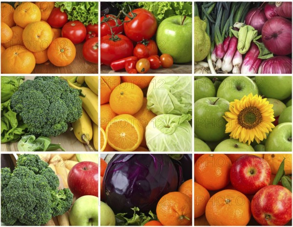 Food collage of various biological and organic fruits and vegetables, fresh healthy lifestyle, with