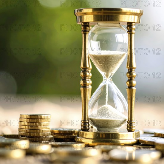 Hourglass and stacked golden coins, illustrating currency fluctuation and time impact commodities