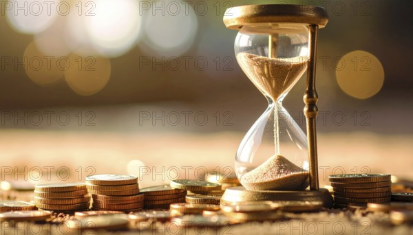 Hourglass and stacked golden coins, illustrating currency fluctuation and time impact commodities